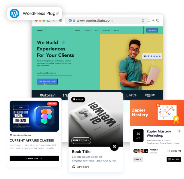 WordPress plugin showcase with online courses, webinars, eBooks, and learning platform features